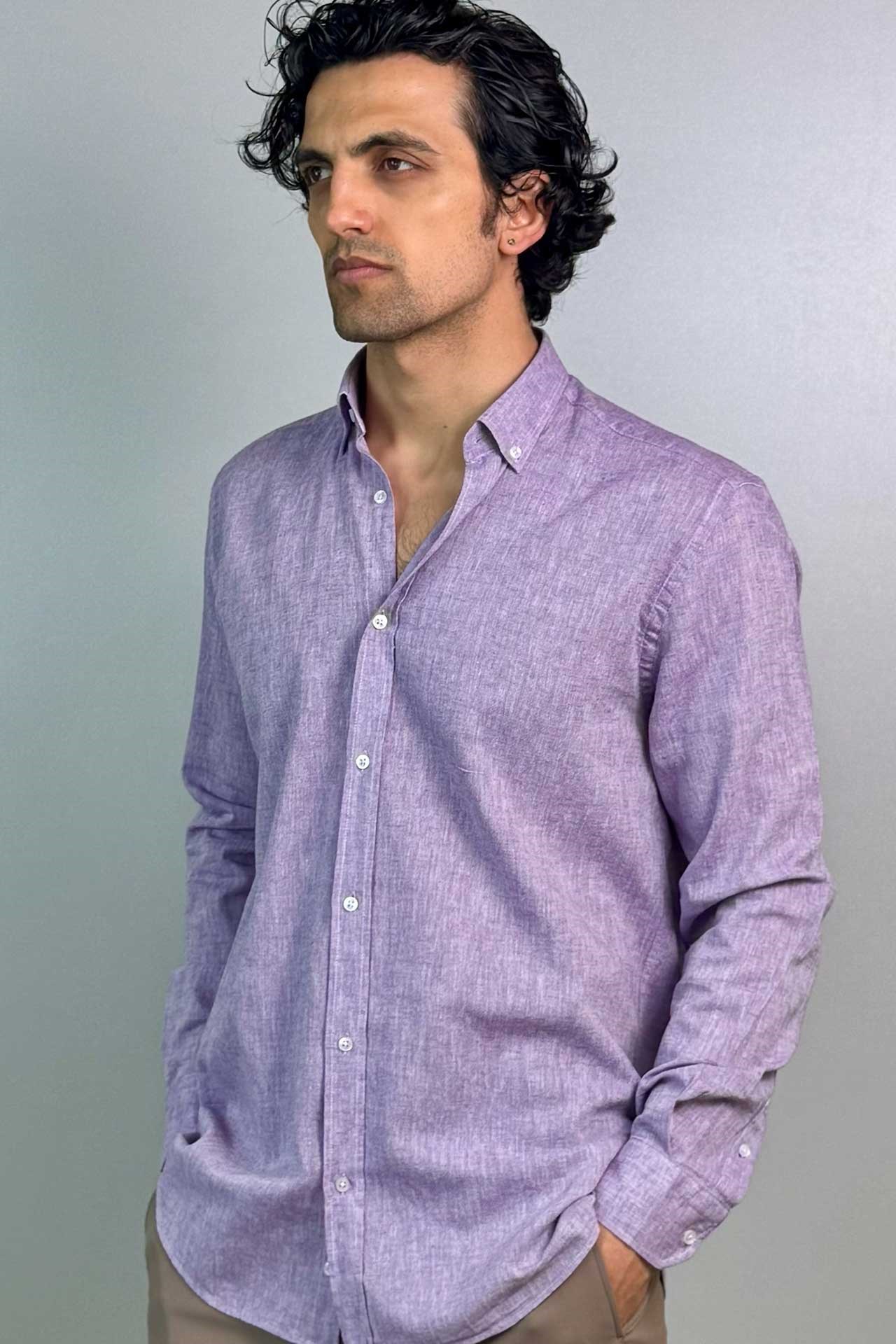 Slim Fit Düğmeli Yaka Cepsiz Lila Renk Keten Gömlek