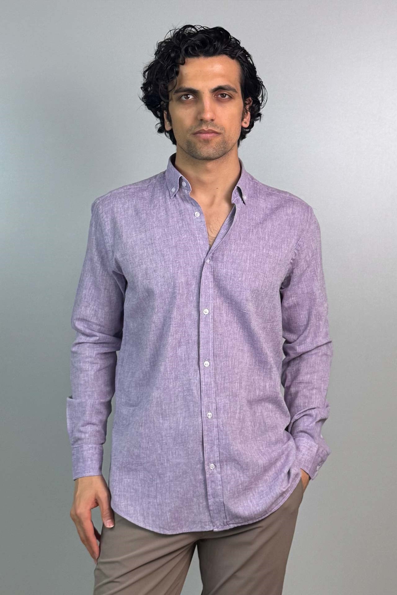 Slim Fit Düğmeli Yaka Cepsiz Lila Renk Keten Gömlek