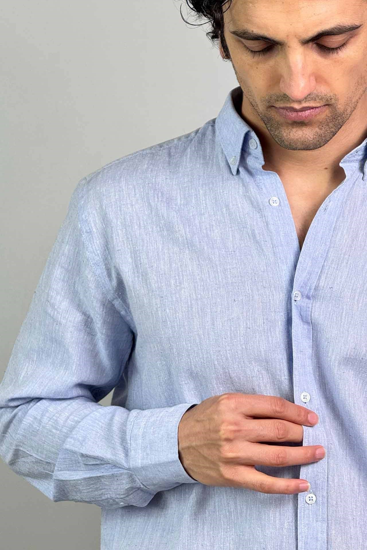 Slim Fit Düğmeli Yaka Cepsiz Mavi Keten Gömlek