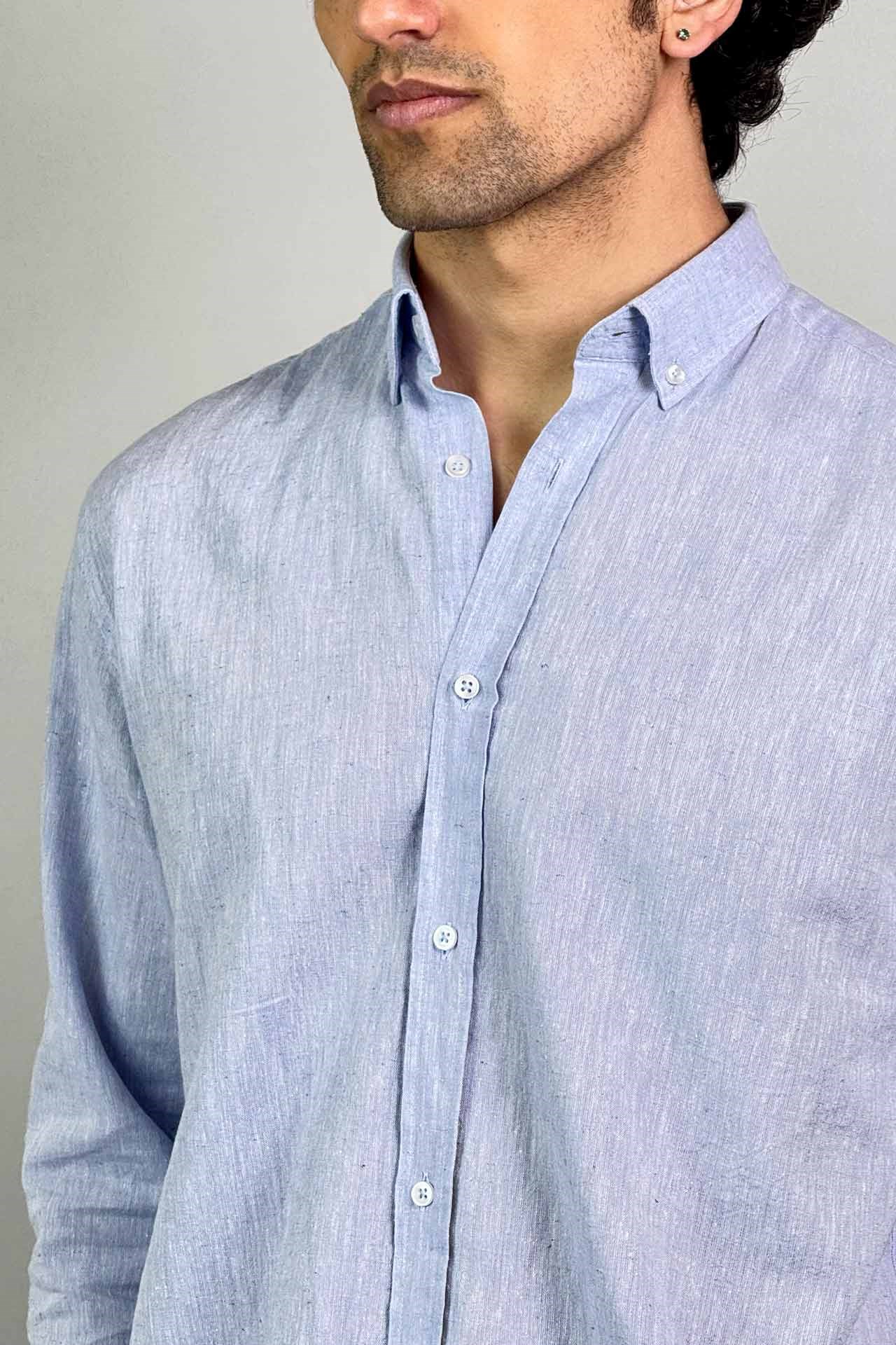 Slim Fit Düğmeli Yaka Cepsiz Mavi Keten Gömlek