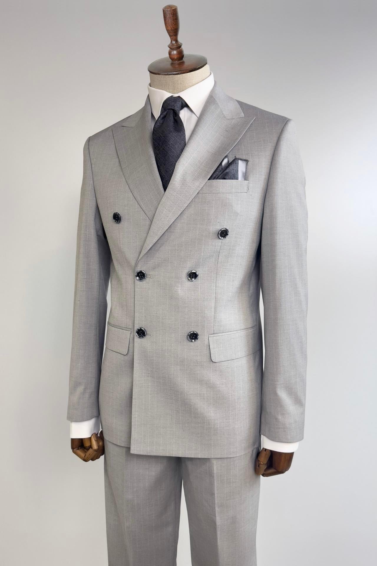 Slim Fit Kruvaze Çizgili Gri Takım Elbise