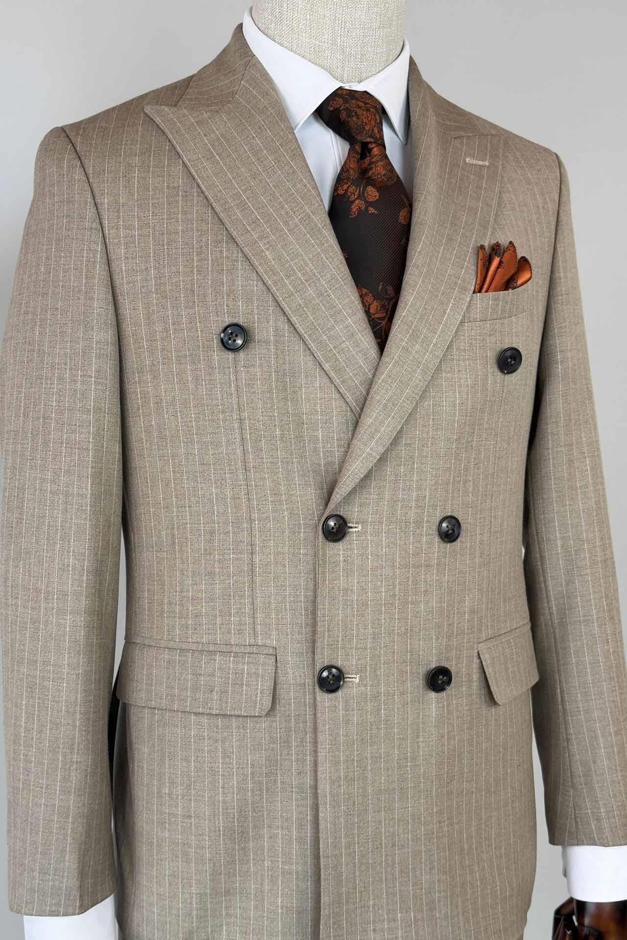 Slim Fit Kruvaze Çizgili Kahverengi Yün Takım Elbise
