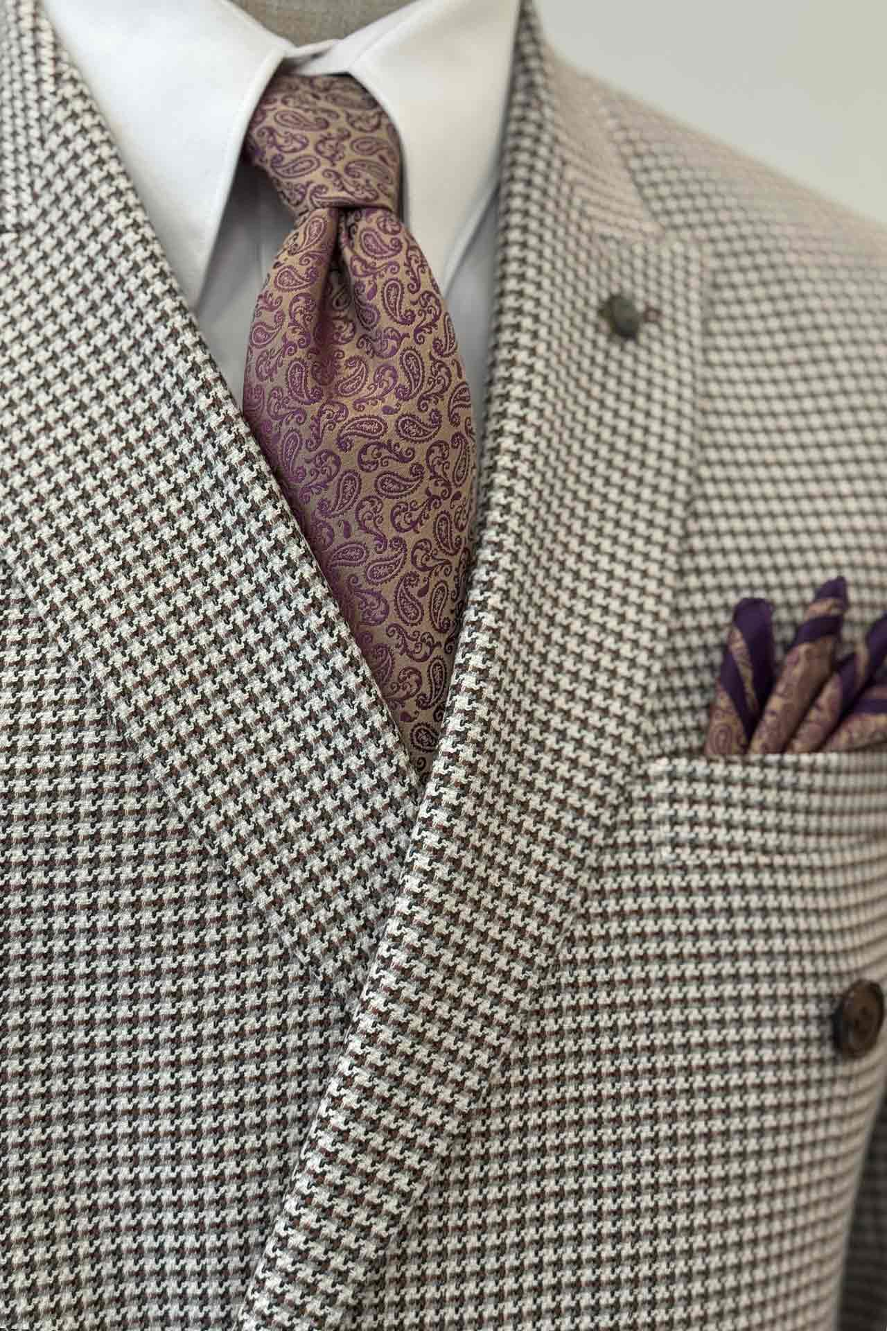 Slim Fit Kazayağı Desenli Kahverengi Kruvaze Ceket