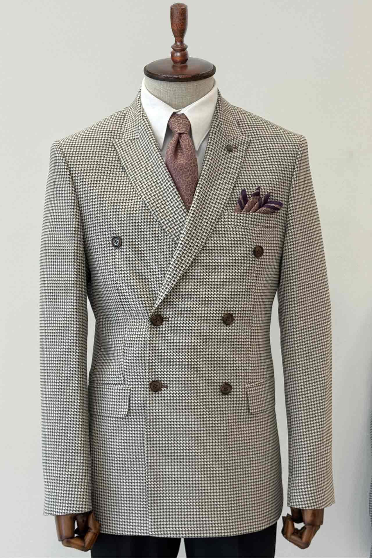 Slim Fit Kazayağı Desenli Kahverengi Kruvaze Ceket