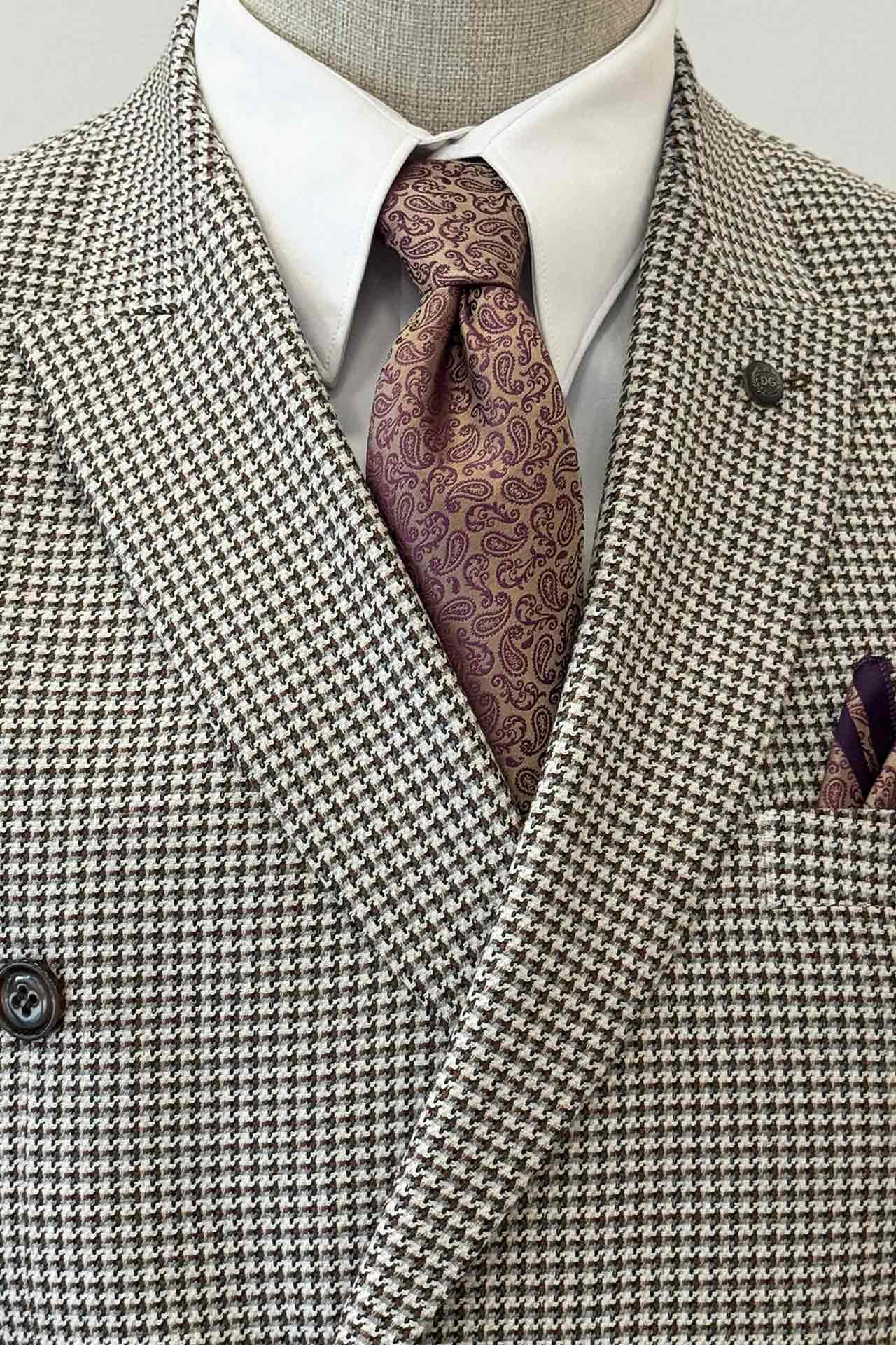 Slim Fit Kazayağı Desenli Kahverengi Kruvaze Ceket