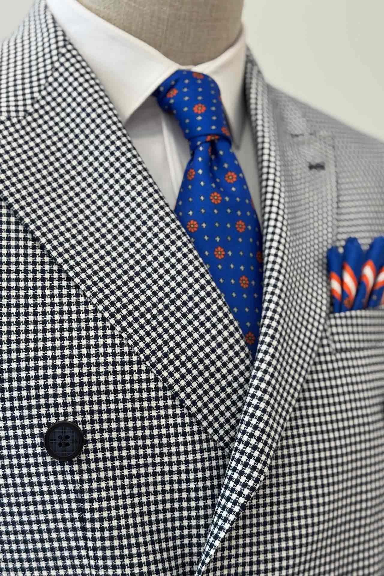 Slim Fit Piti Kare Desenli Lacivert Kruvaze Ceket