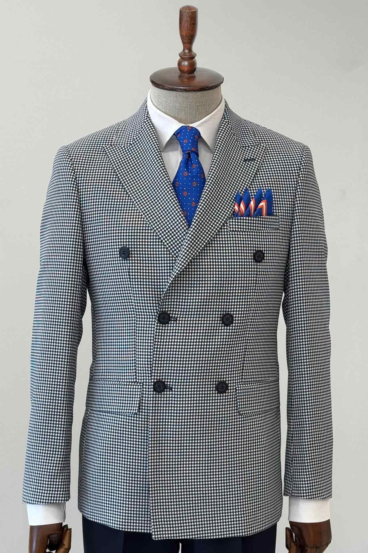 Slim Fit Piti Kare Desenli Lacivert Kruvaze Ceket