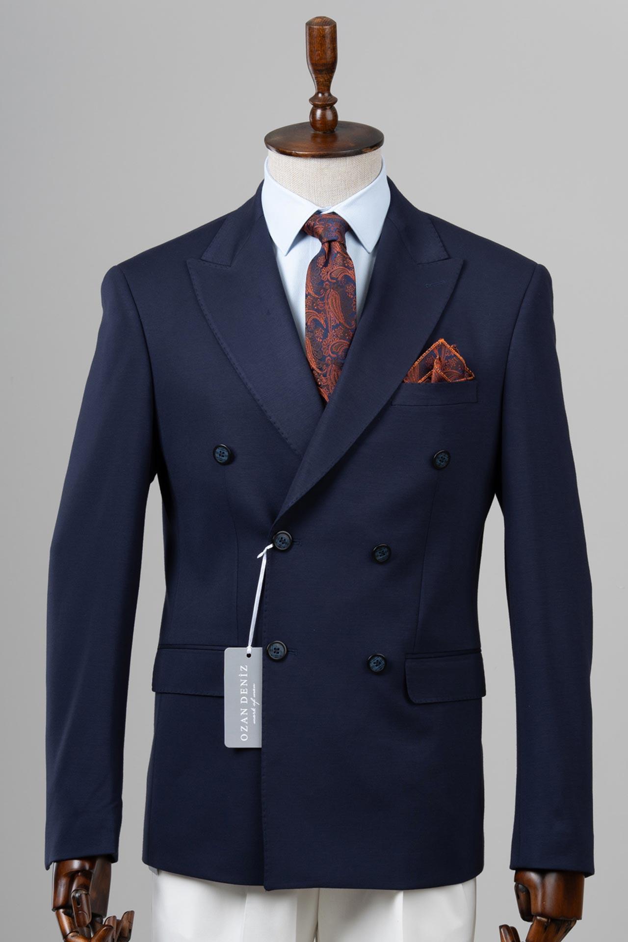 Slim Fit Lacivert Kruvaze Tek Ceket