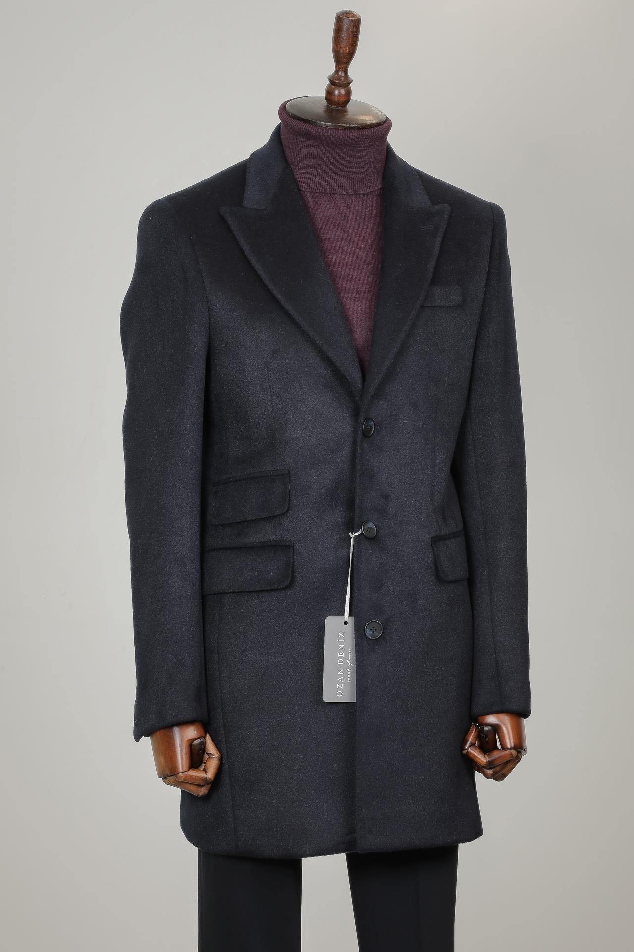 Slim Fit Uzun Lacivert Kaşe Kaban