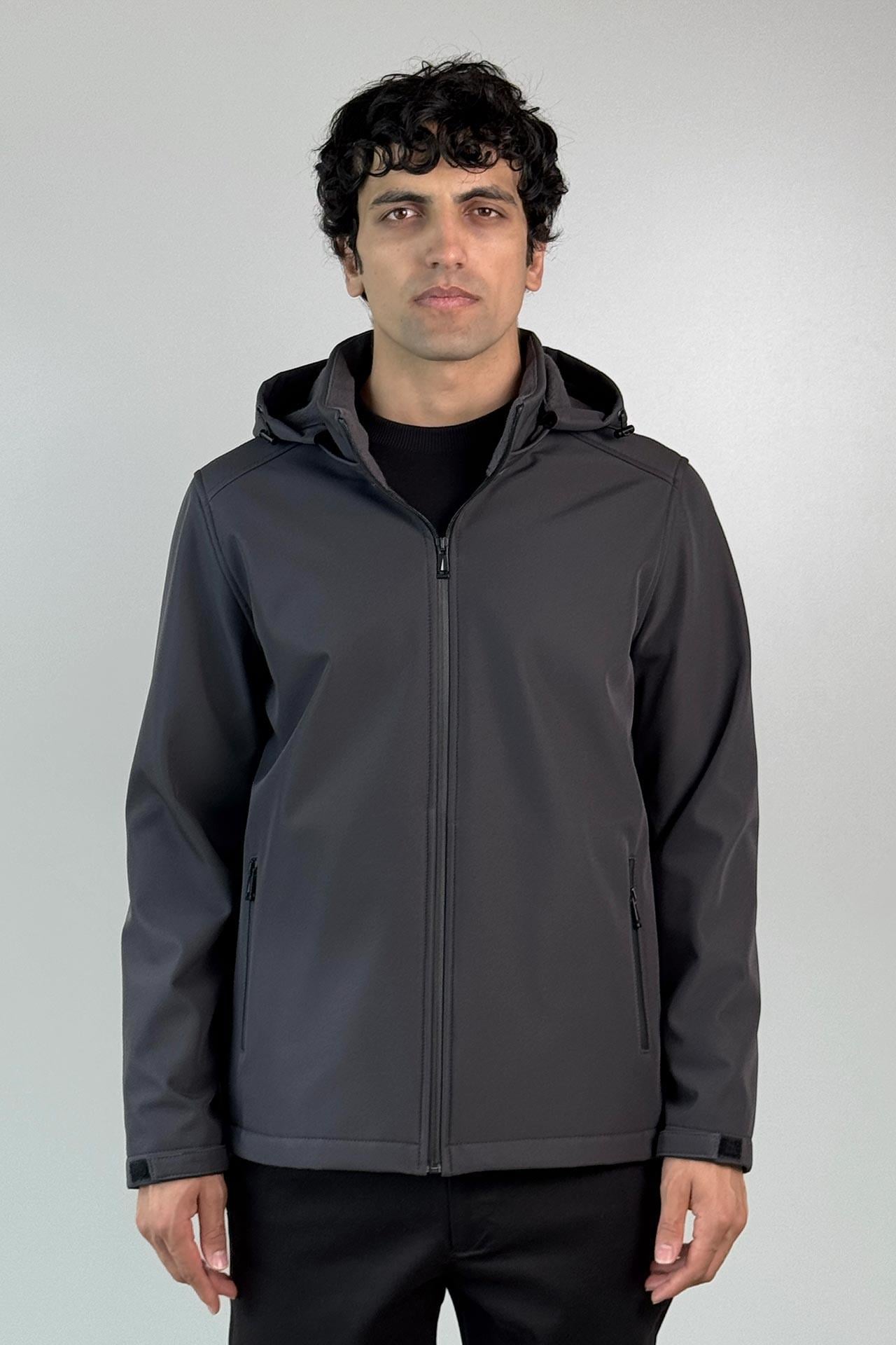 Kapüşonlu İçi Polarlı Antrasit Softshell Mont