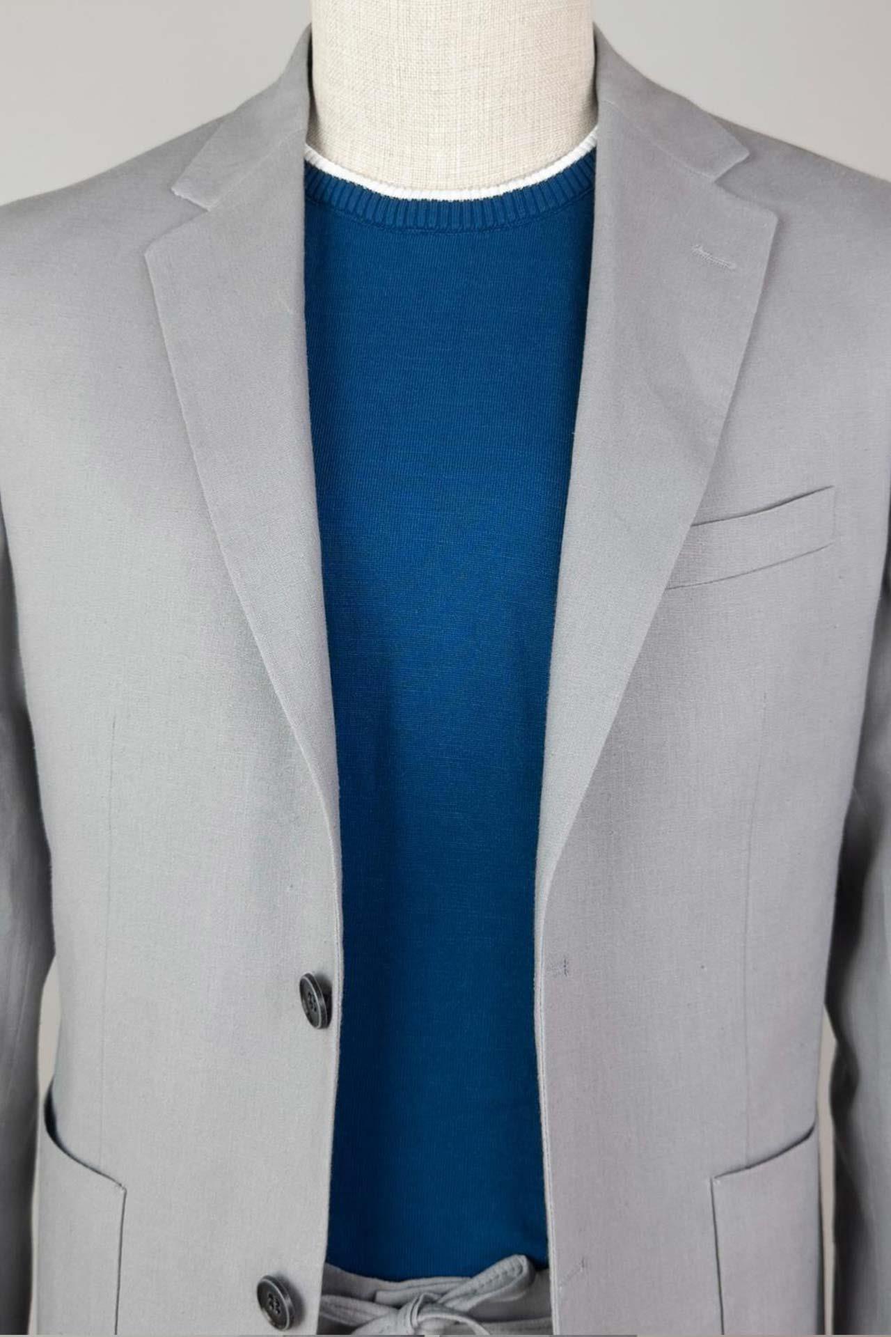 Jogger Pantolonlu Astarsız Gri Keten Takım Elbise