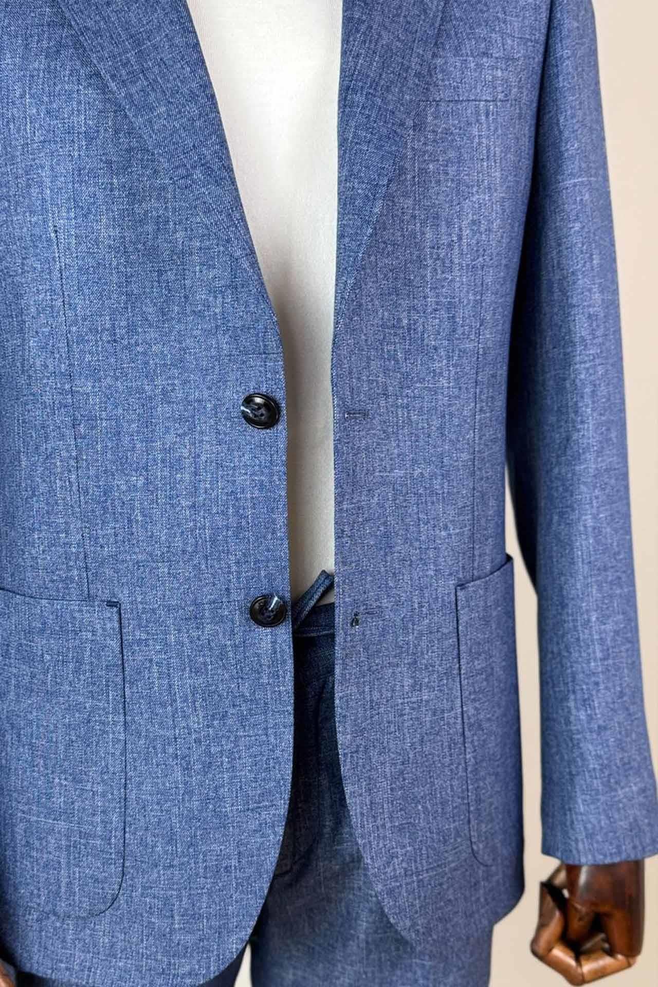 Jogger Pantolonlu Astarsız Mavi Keten Takım Elbise
