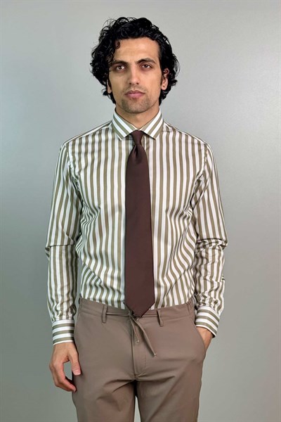 Slim Fit Klasik Çizgili Capuccino Renk Koton Gömlek