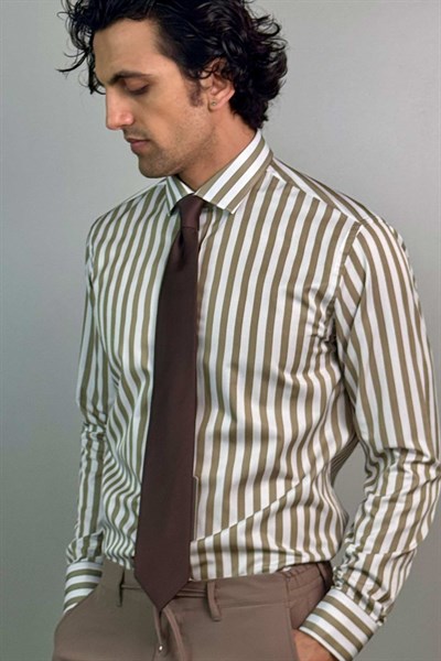 Slim Fit Klasik Çizgili Capuccino Renk Koton Gömlek