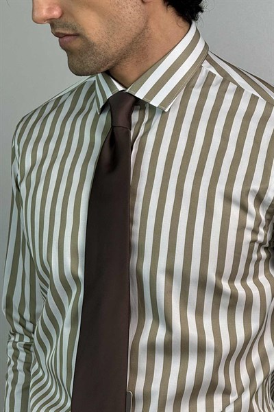 Slim Fit Klasik Çizgili Capuccino Renk Koton Gömlek