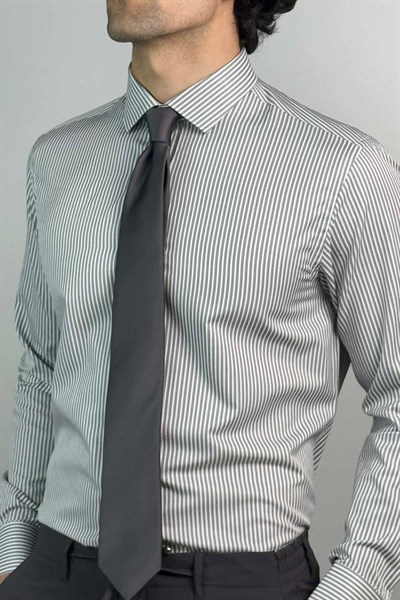 Slim Fit Klasik Çizgili Gri Koton Gömlek