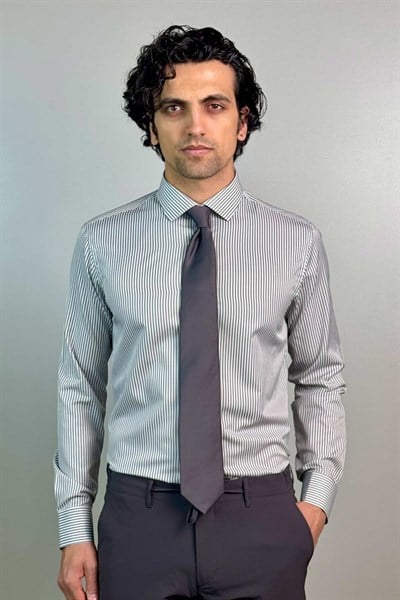 Slim Fit Klasik Çizgili Gri Koton Gömlek