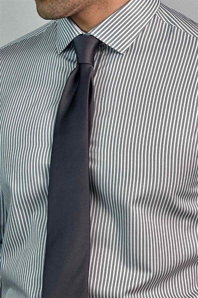 Slim Fit Klasik Çizgili Gri Koton Gömlek