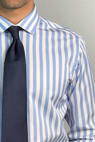 Slim Fit Klasik Çizgili Mavi Koton Gömlek