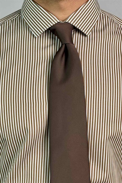 Slim Fit Klasik Çizgili Vizon Renk Koton Gömlek