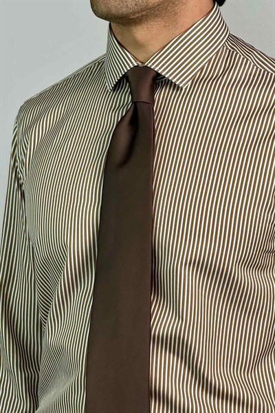 Slim Fit Klasik Çizgili Vizon Renk Koton Gömlek