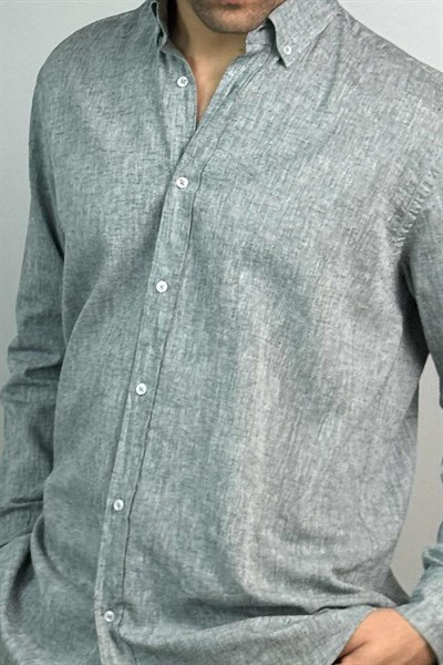 Slim Fit Düğmeli Yaka Cepsiz Gri Keten Gömlek