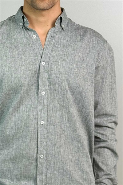 Slim Fit Düğmeli Yaka Cepsiz Gri Keten Gömlek