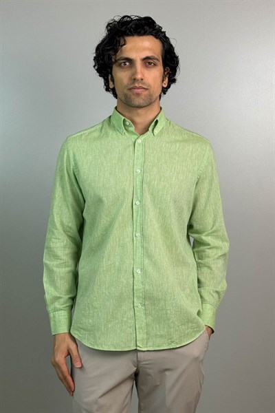 1006 Slim Fit Düz Keten Gömlek Yeşil