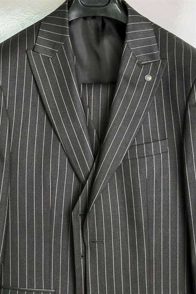 Slim Fit Çizgili Yelekli Füme Takım Elbise - Outlet
