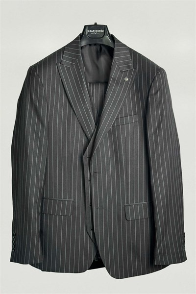 Slim Fit Çizgili Yelekli Füme Takım Elbise - Outlet