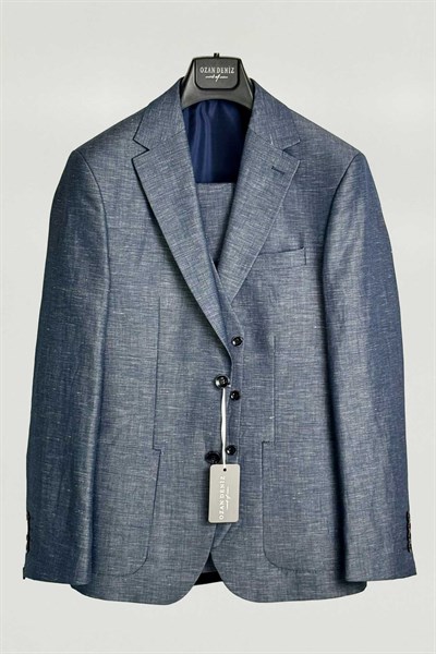 Slim Fit Yelekli Mavi Keten Takım Elbise