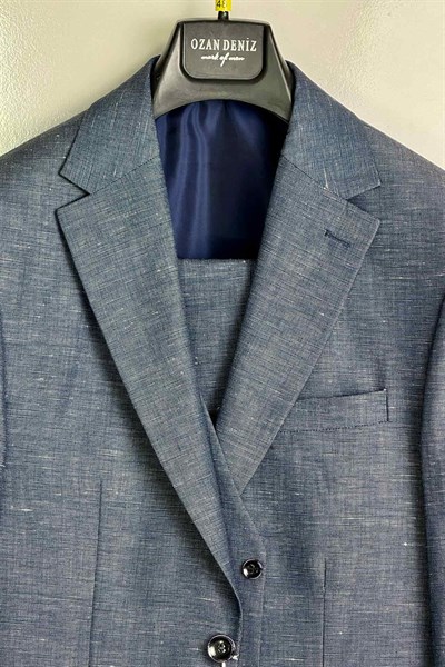 Slim Fit Yelekli Mavi Keten Takım Elbise