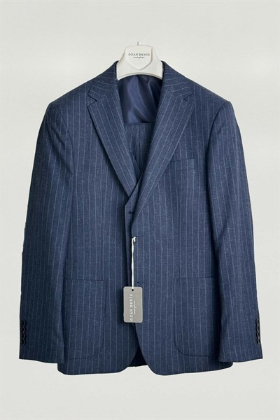 Slim Fit Yelekli Lacivert Keten Takım Elbise