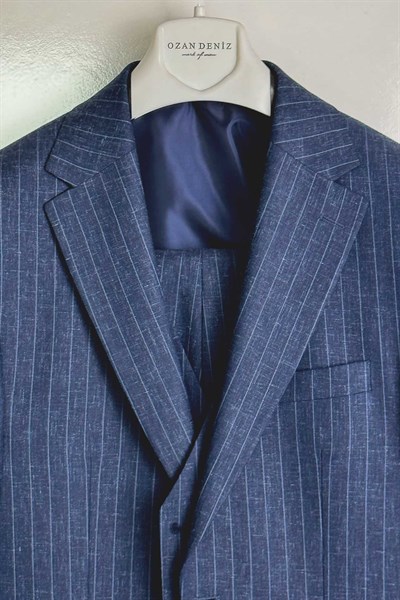 Slim Fit Yelekli Lacivert Keten Takım Elbise
