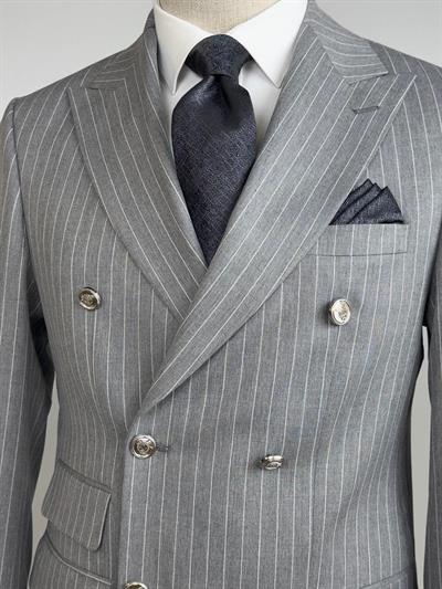 Slim Fit Metal Düğme Çizgili Kruvaze Takım Elbise