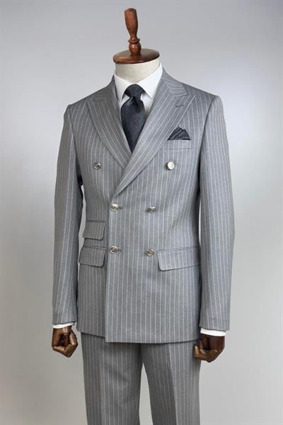 Slim Fit Metal Düğme Çizgili Kruvaze Takım Elbise