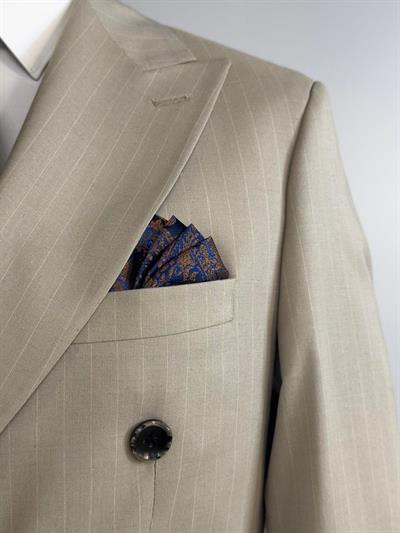 Slim Fit Kruvaze Çizgili Bej Takım Elbise