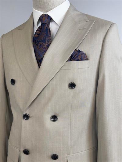 Slim Fit Kruvaze Çizgili Bej Takım Elbise