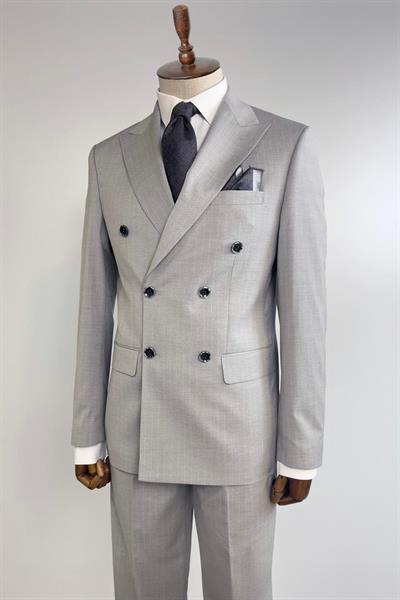 Slim Fit Kruvaze Çizgili Gri Takım Elbise