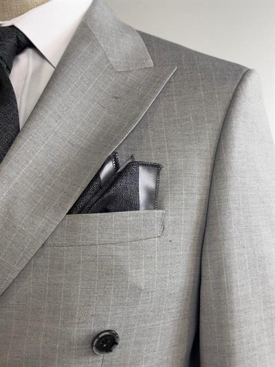 Slim Fit Kruvaze Çizgili Gri Takım Elbise