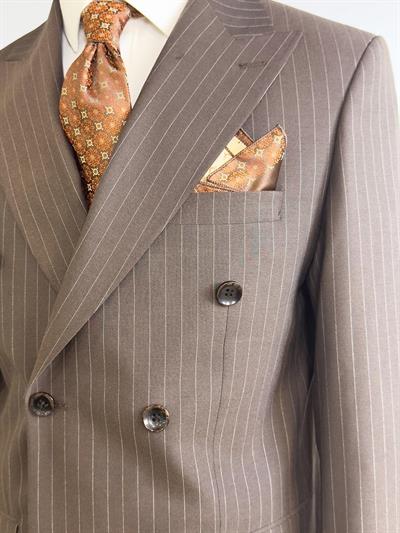 Slim Fit Çizgili Kruvaze Kahverengi Takım Elbise