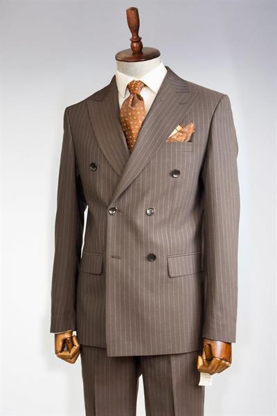 Slim Fit Çizgili Kruvaze Kahverengi Takım Elbise