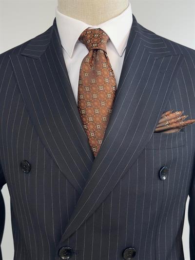 Slim Fit Çizgili Kruvaze Lacivert Takım Elbise