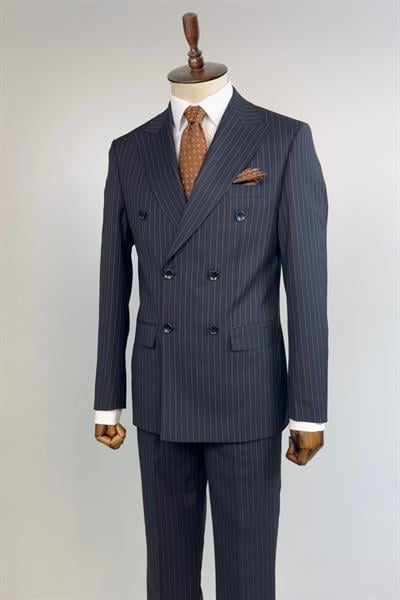 Slim Fit Çizgili Kruvaze Lacivert Takım Elbise