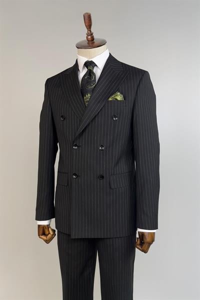 Slim Fit Çizgili Kruvaze Siyah Takım Elbise
