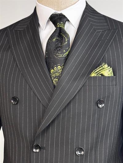 Slim Fit Çizgili Kruvaze Siyah Takım Elbise