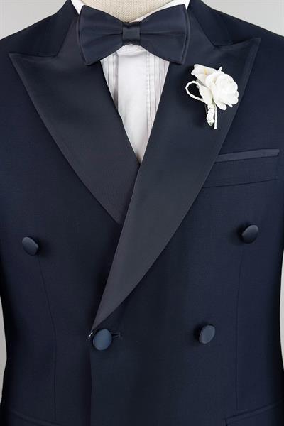 Saten Çıkma Yaka Kruvaze Lacivert Damatlık Takım Elbise