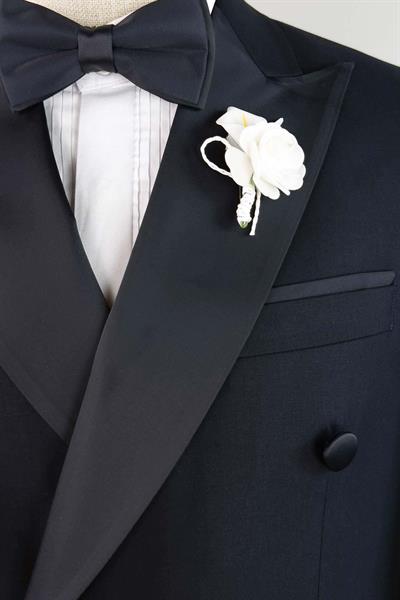 Saten Çıkma Yaka Kruvaze Lacivert Damatlık Takım Elbise