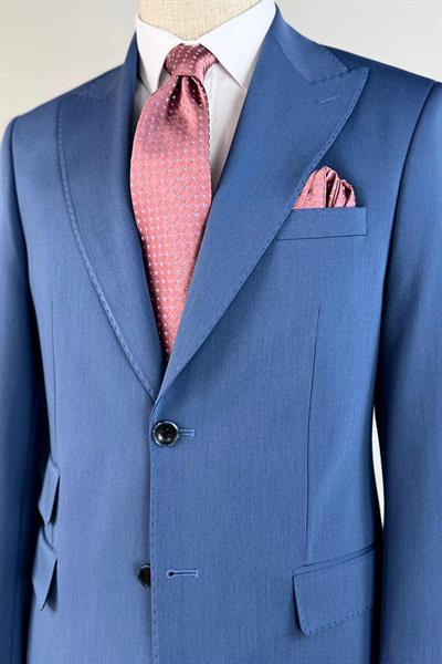 Pileli Pantolonlu Sivri Yaka Klasik Mavi Takım Elbise