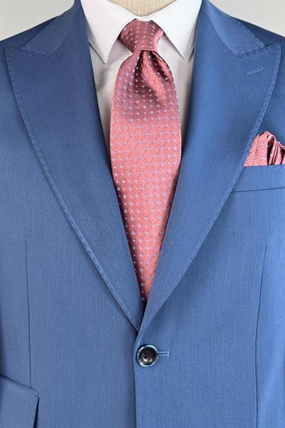 Pileli Pantolonlu Sivri Yaka Klasik Mavi Takım Elbise